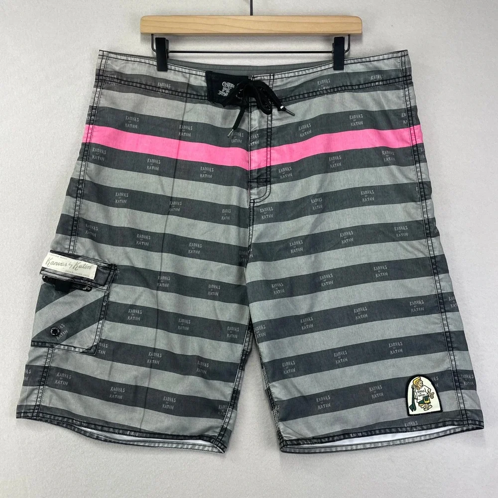 VTG Kanvas by Katin Boardshorts Mens 38 Grey Striped‎ Baggy Loose Long 23
